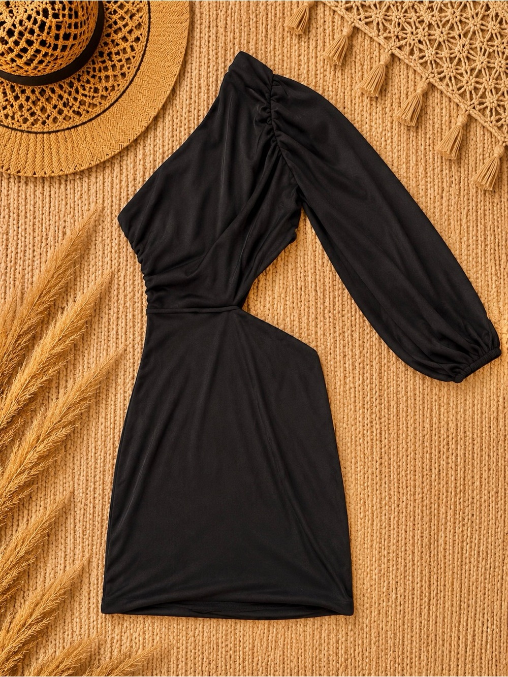 Black One-Shoulder Cutout Dress with Long Sleeve